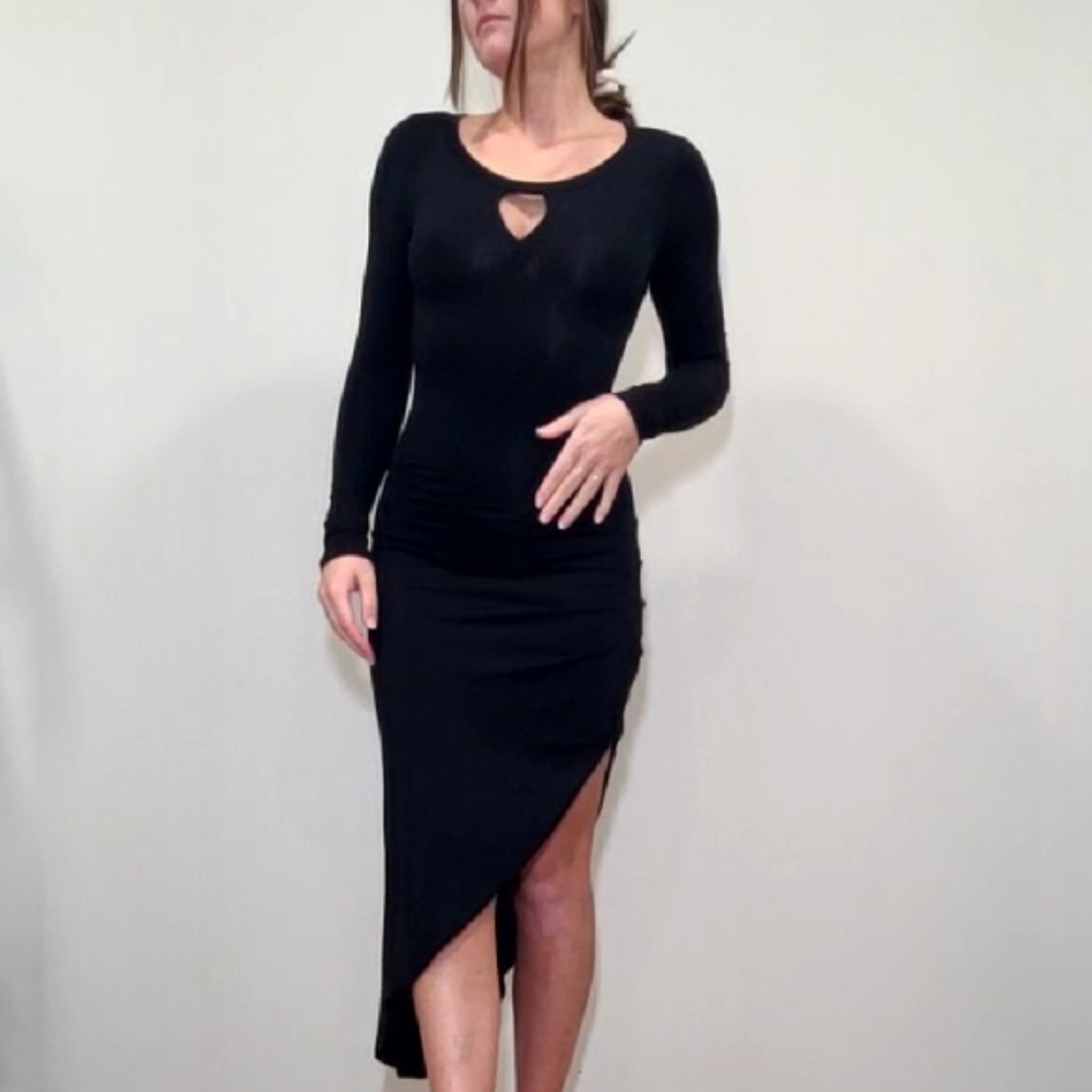 Very J Slong Sleeve Asymmetrical Black Dress